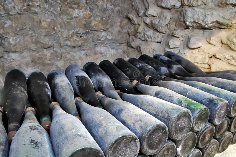 The Ancient Bottles of Wine in the Ancient Cellar. the Unique Vi Stock