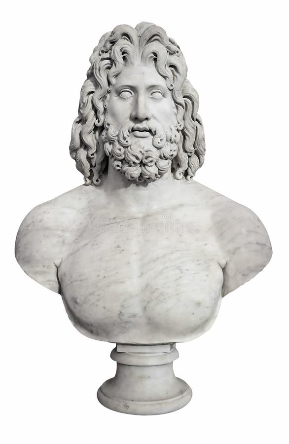 Ancient bust of the greek god Zeus isolated on white with clipping pah