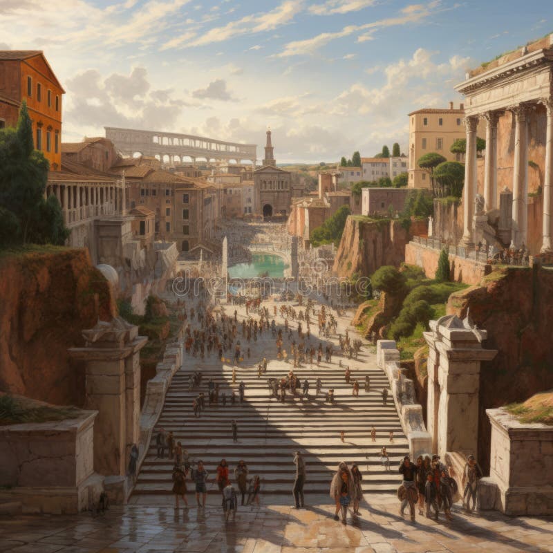 Ancient Bustle: Illustration of the Crowded Plazas in Historic Rome