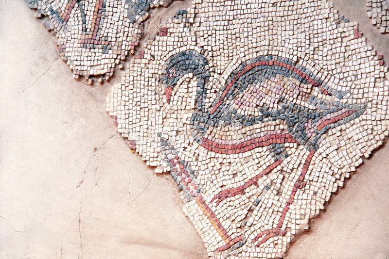 Ancient byzantine natural stone tile mosaics with heron, Madaba, Jordan. Ancient byzantine natural stone tile mosaics with heron, Madaba, Jordan