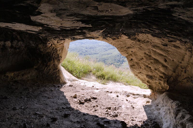 Ancient Cave City, Baqla, View from Inside the Cave Stock Photo Image