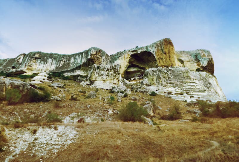 Ancient cave town/city of Crimean Tatar - Chufut-Kale, Mangup-Kale, Bakhchisaray. Historical ruins and amazing place. The Caves wa royalty free stock images Ancient cave town/city of Crimean Tatar - Chufut-Kale, Mangup-Kale, Bakhchisaray. Historical ruins and amazing place. The Caves wa royalty free stock images