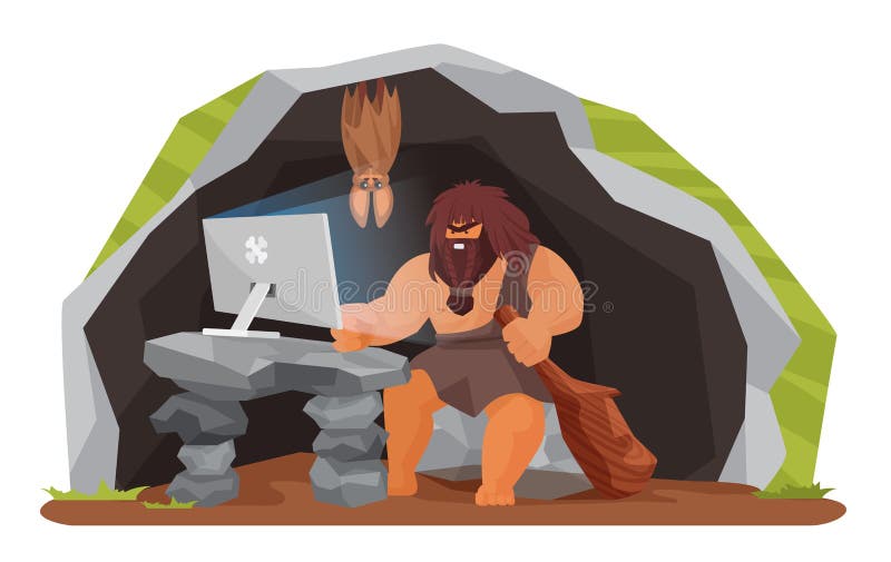 Ancient caveman using computer in prehistoric cave, stone age wild man sitting with pc stock illustration