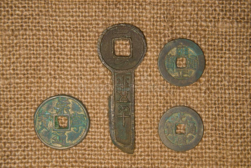 Ancient Chinese Bronze Coins on Old Cloth Stock Image Image of antique, treasure 53420977