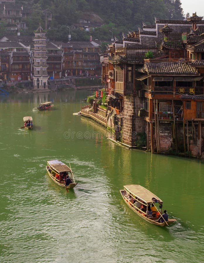 Ancient City Fenix in China. Historic Asian Scenery with Water Canals ...