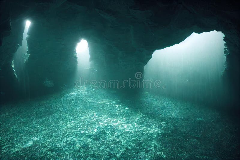 Ancient City Underwater Cave in Ocean Exploring Atlantis. Stock