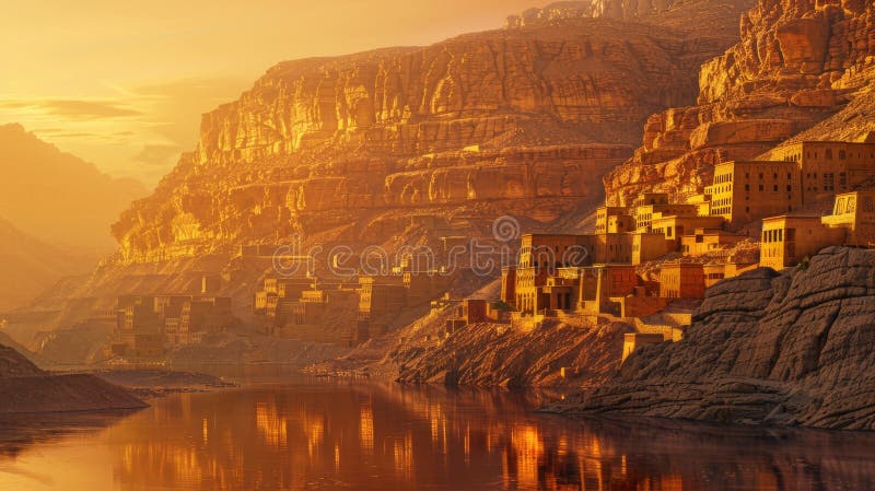 Ancient cliffside village at sunset reflected on a calm river, tranquil and historic setting royalty free stock photos