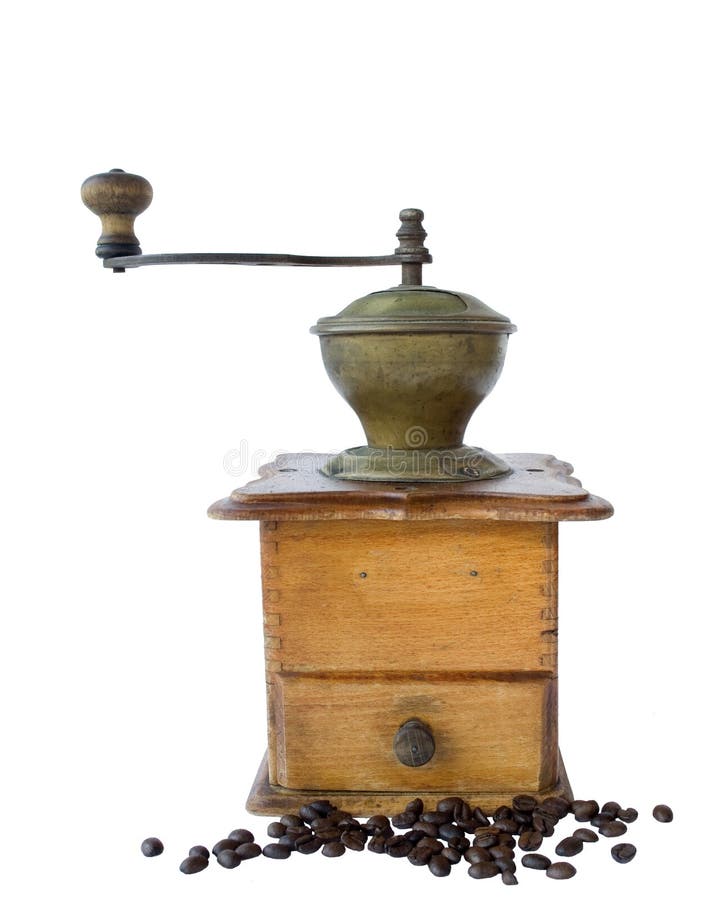 Ancient Coffee Grinder and the Coffee Grains Stock Image Image of