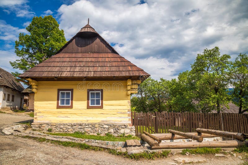 An ancient colorful house in the Vlkolinec village.