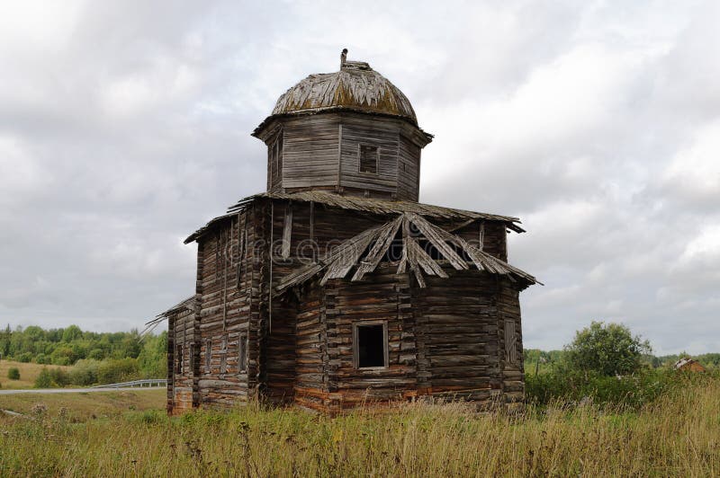 Ancient destroyed wooden church in northern russian village