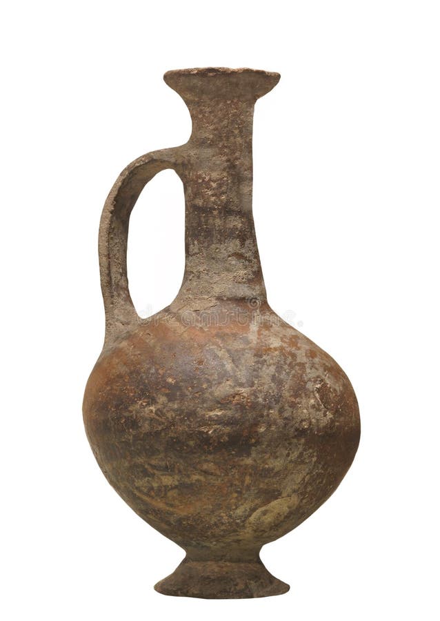 Ancient early Greek pottery isolated. Worn and weathered ancient pre-classical Hellenistic Greek pottery called and amphora, with a single handle. Isolated on royalty free stock image Ancient early Greek pottery isolated. Worn and weathered ancient pre-classical Hellenistic Greek pottery called and amphora, with a single handle. Isolated on royalty free stock image