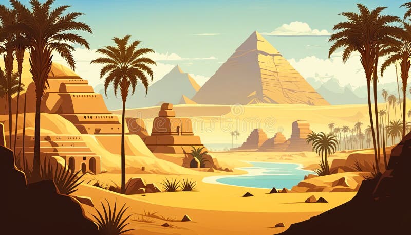 Ancient Egypt Desert Landscape with Pyramids and Architecture in the ...