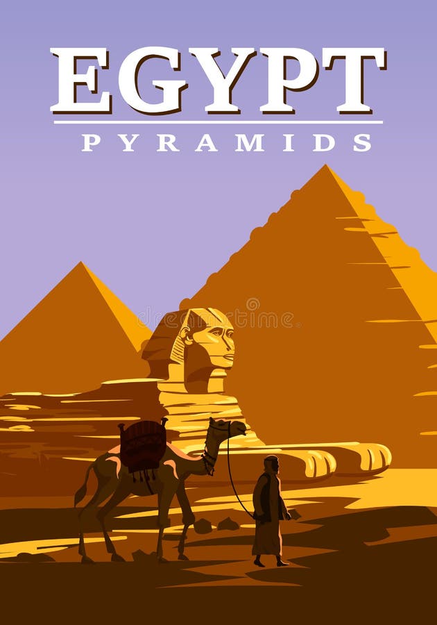 Ancient Egypt Pharaoh Pyramids Sphinx Vintage Poster. Travel to Egypt Country, Sahara desert, camel with egyptian. Retro