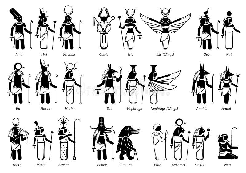 Vector illustration set of popular Egypt deities Amon, Osiris, Isis, Horus,...