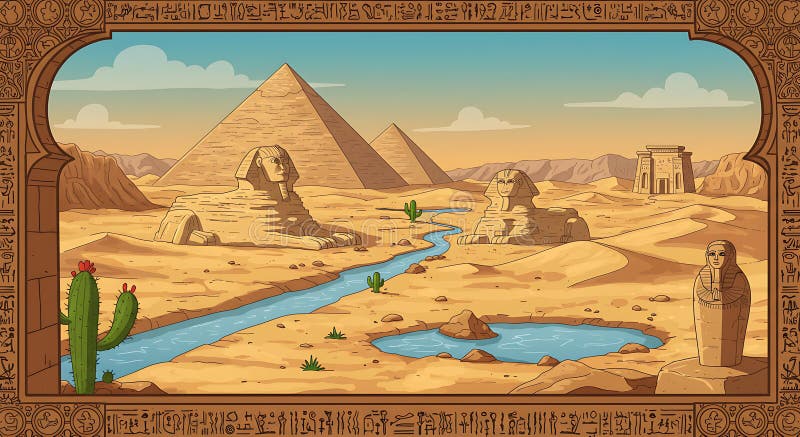 Ancient Egyptian-themed illustration featuring a desert landscape. Central stock illustration