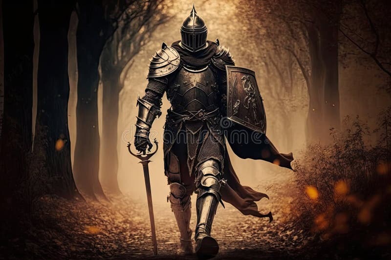 Ancient Enchanted Legend Warrior in Armor Walking Knight Stock