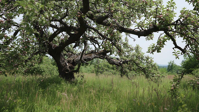 Ancient Gnarled Apple Tree Heavy with Fruit in Lush Meadow vector illustration