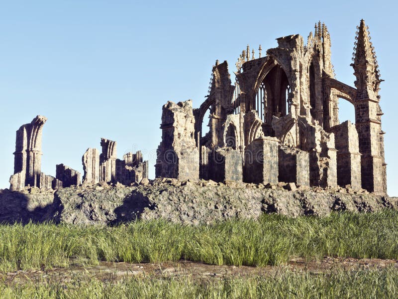 Ancient gothic stone architecture ruins with gargoyle statues in an open field.