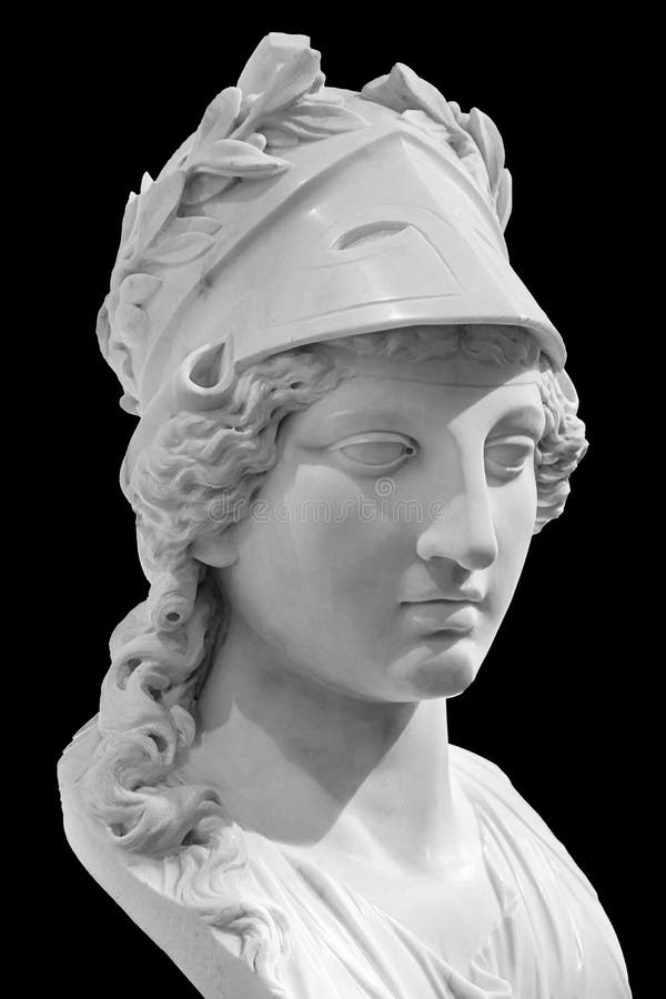 Ancient Greek goddess Athena Pallas statue isolated on black. Marble woman head in helmet sculpture.