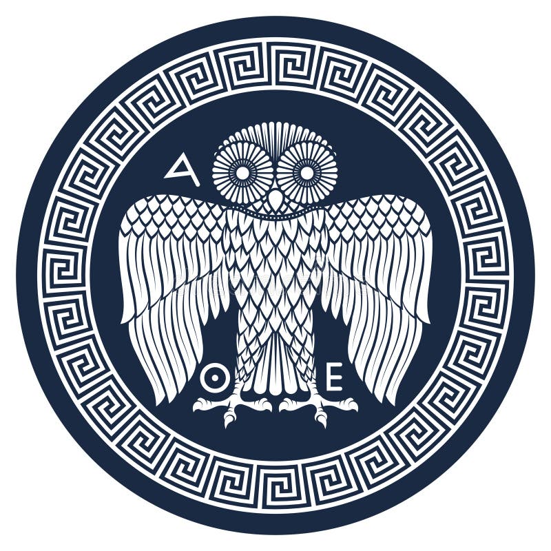 Ancient Greek shield with the image of an Owl and classical Greek meander ornament, vintage illustration royalty free illustration
