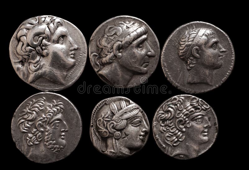 Ancient greek silver coins with portraits of rulers and gods royalty free stock photos Ancient greek silver coins with portraits of rulers and gods royalty free stock photos