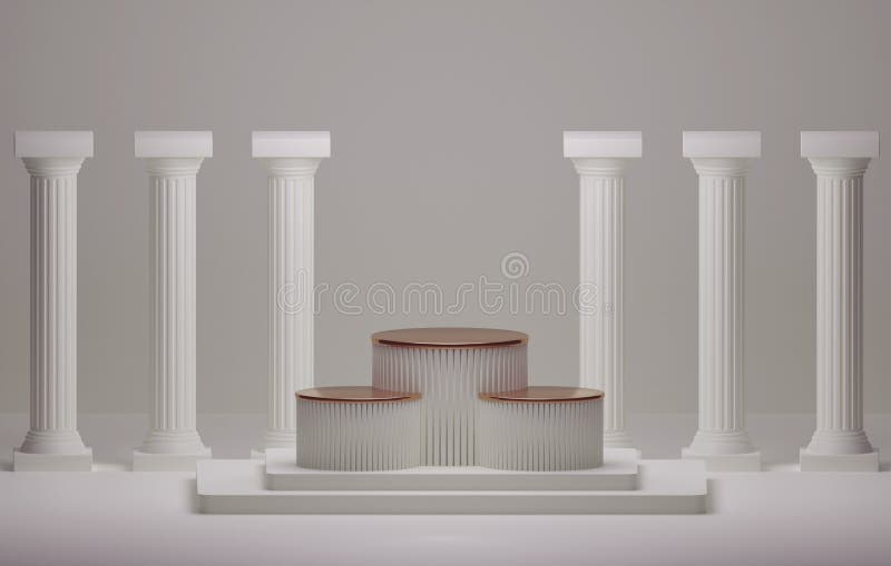 Ancient Greek style pillar three Podiums white color background for cosmetic products stage and advertising space