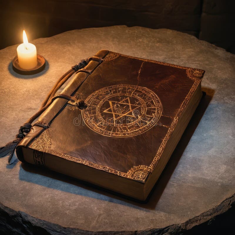 Ancient grimoire with mystical symbols on stone table royalty free stock photos