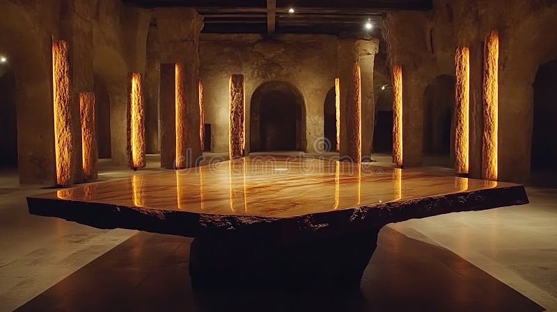 Ancient Hall, Illuminated Table, Event Venue, Stone Columns royalty free stock images