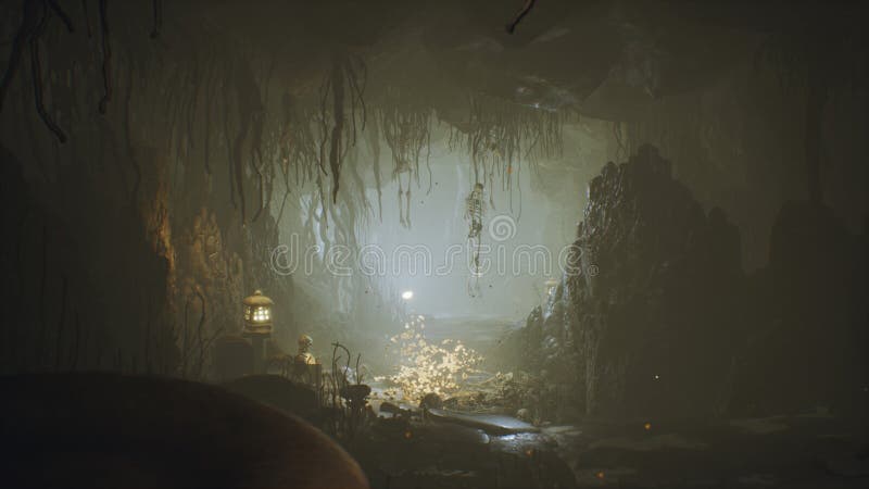 Starobylý obrovský fantazie jeskyně plný starobylý houby a mlha prach 
