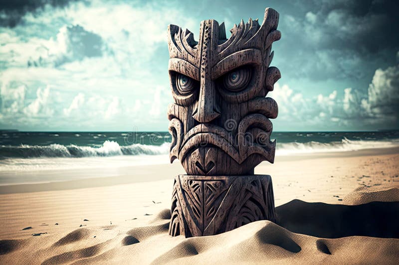 Ancient Idols Totem Tiki Mask On Beach Stock Illustration 