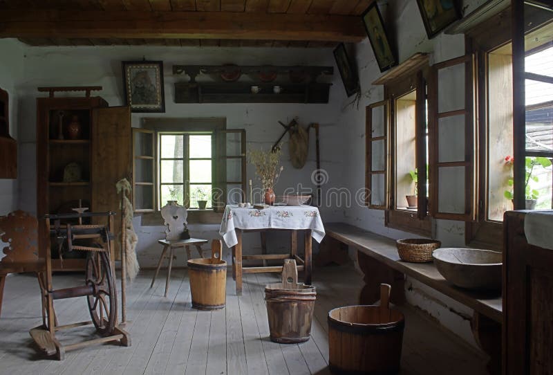 Ancient Interior view of an historic houses in museum -Oravska dedinka - in Slovakia in Europe under mountains western Tatry - Rohace