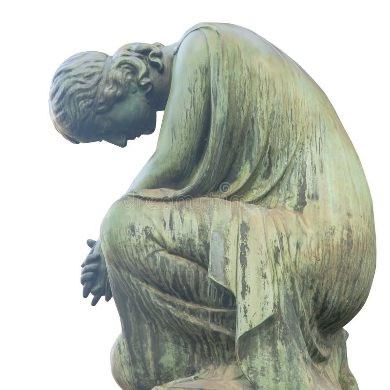 Ancient iron statue of woman on tomb as a symbol of depression pain and sorrow