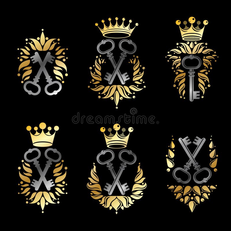 Ancient Keys Emblems Set. Heraldic Coat of Arms Decorative Logos Stock