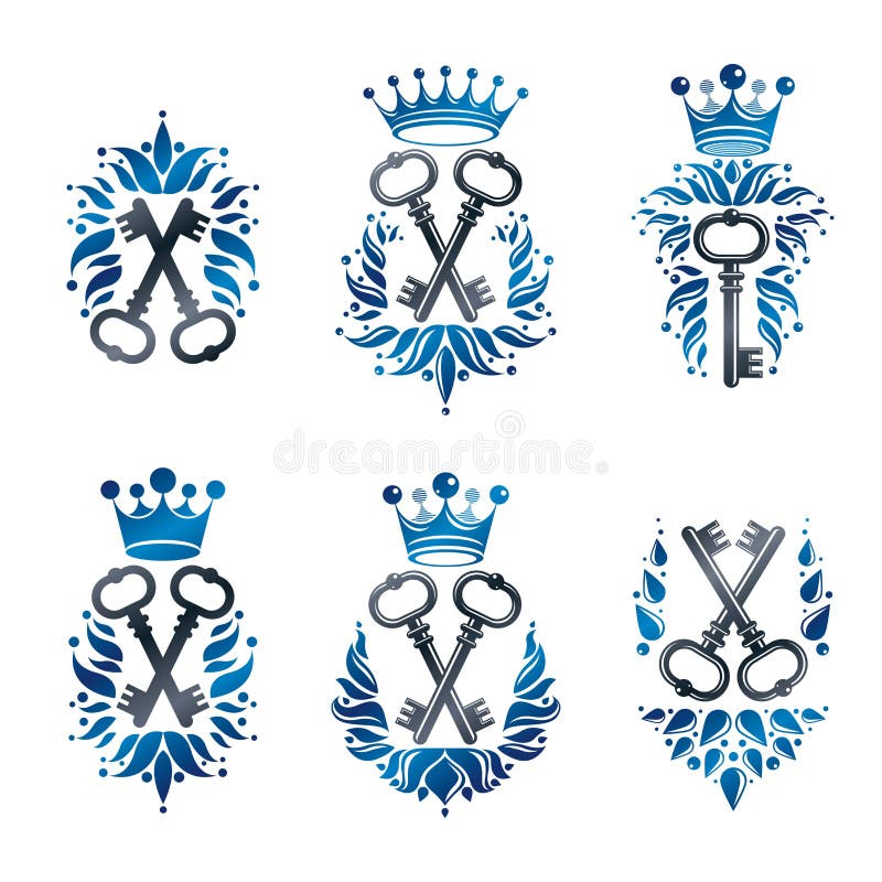 Ancient Keys Emblems Set. Heraldic Coat of Arms Decorative Logos Stock