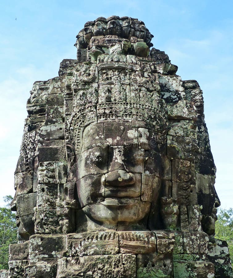 Ancient Khmer Stone Carving of Trimurti at Bayon