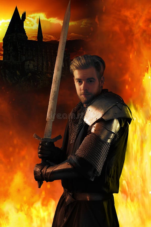 Ancient knight in metal armor stock image