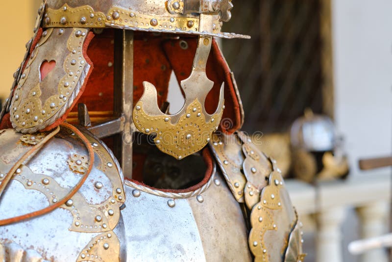 An ancient Knight& x27;s helmet with armor. A medieval concept royalty free stock photography