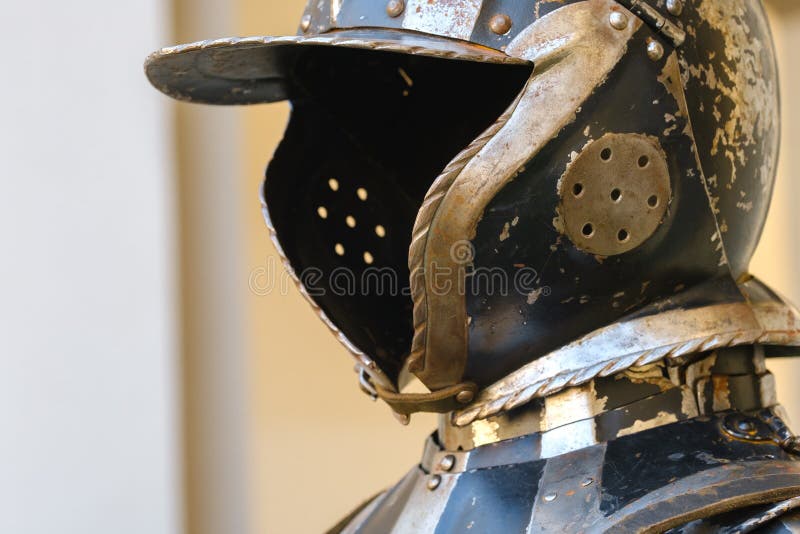 An ancient Knight& x27;s helmet with armor. A medieval concept royalty free stock image