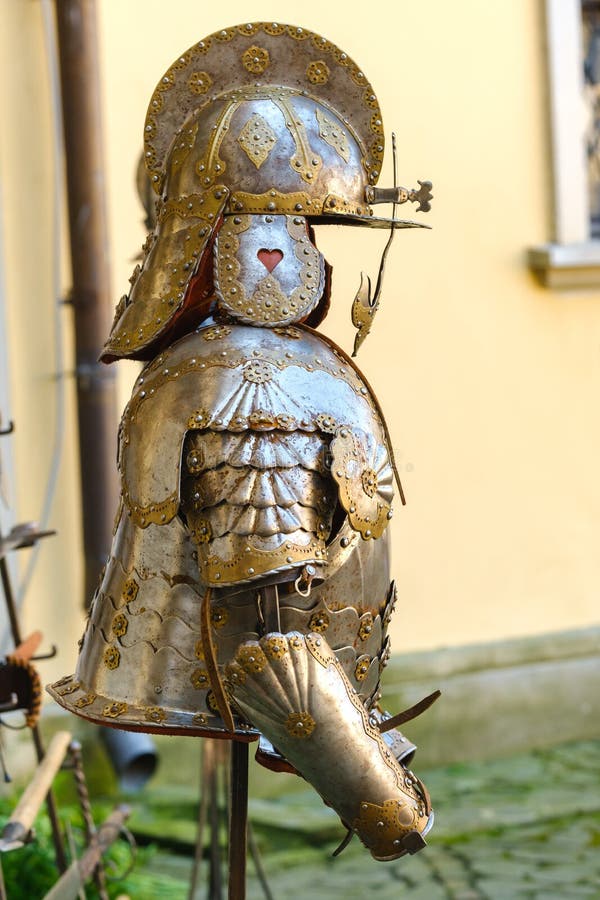 An ancient Knight& x27;s helmet with armor. A medieval concept stock photography