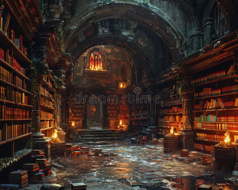 Ancient library with books and scrolls royalty free stock photography