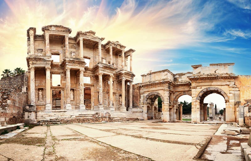 Ancient library of Celsus in Ephesus under dramatic sky royalty free stock photos
