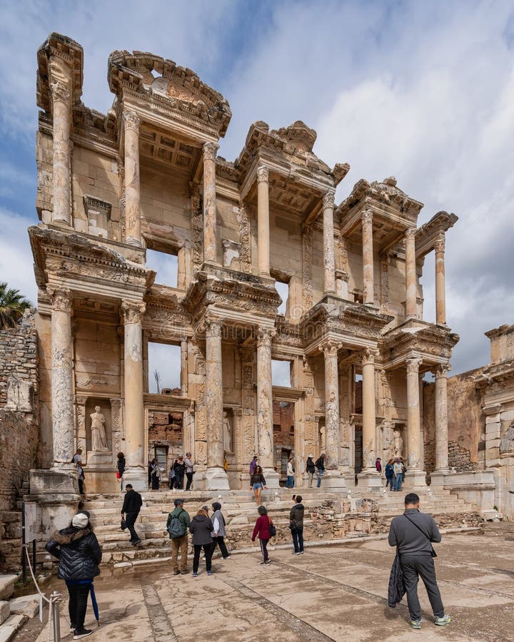 The ancient Library of Celsus facade, Roman architectural ruins with columns and statues in Ephesus, Turkey royalty free stock photo
