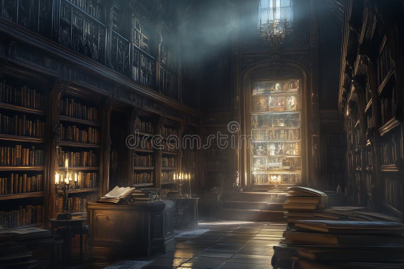 Ancient library filled with glass books and illuminated by soft light in a serene atmosphere royalty free stock photos