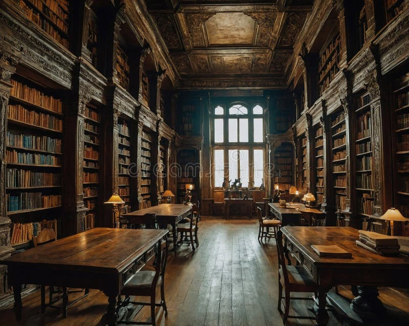 Ancient library filled with wooden shelves and books royalty free stock images