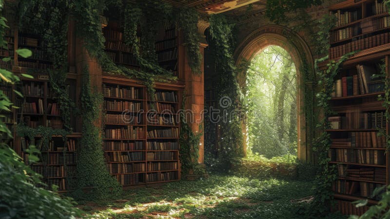 An ancient library in a hidden forest, overgrown with ivy, books. Resplendent. stock photo