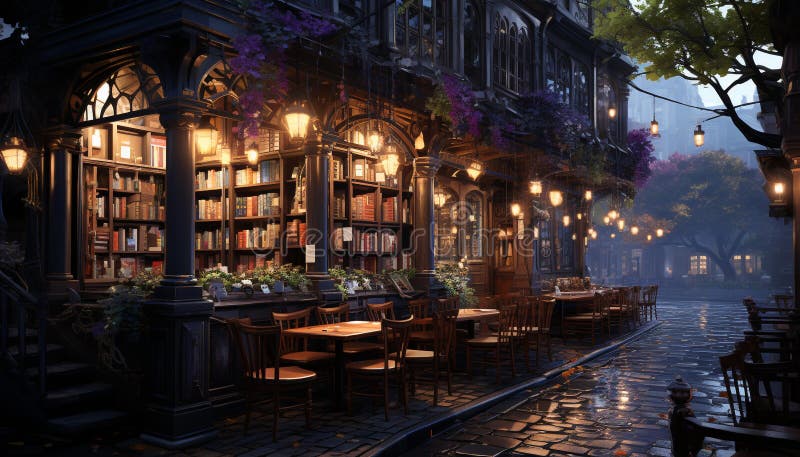 Ancient library illuminated by old lanterns, wood bookshelf, modern chair generated by AI stock image