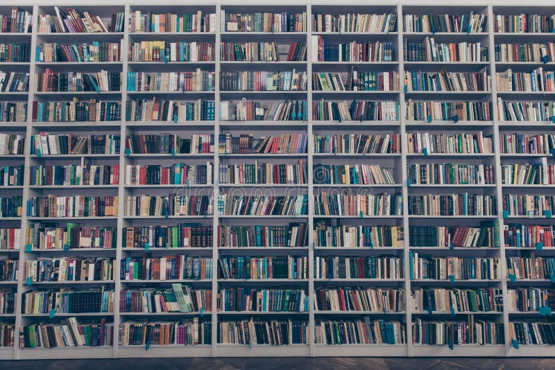 Ancient library interior design with massive wooden grey book sh stock image