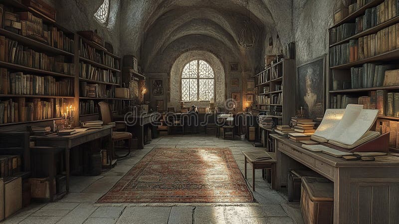 Ancient library interior, illuminated by sunlight royalty free stock image
