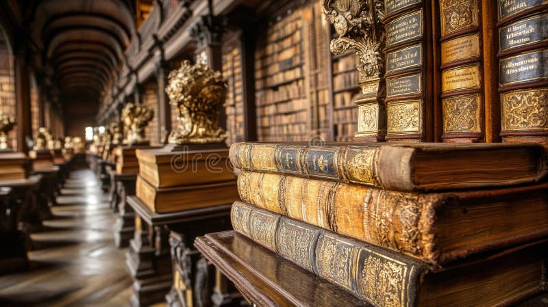 Ancient library interior with rows of historic books and ornate decor International Public Domain Day stock images