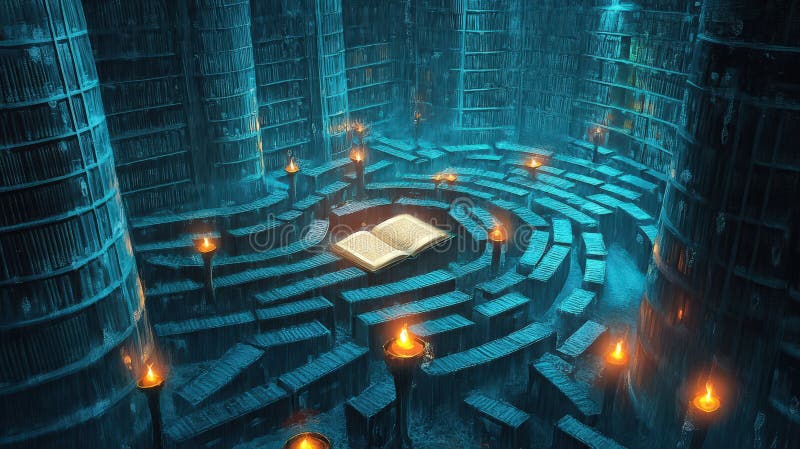 Ancient Library Maze With Open Book Centered royalty free stock photos